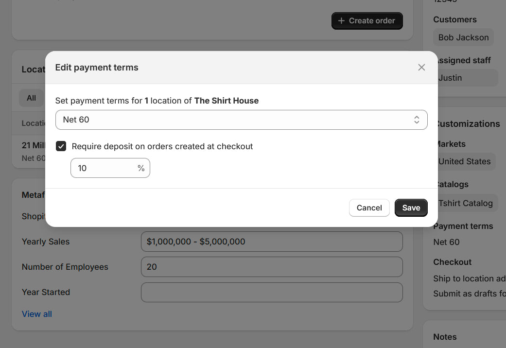Popup window for editing payment terms on Shopify