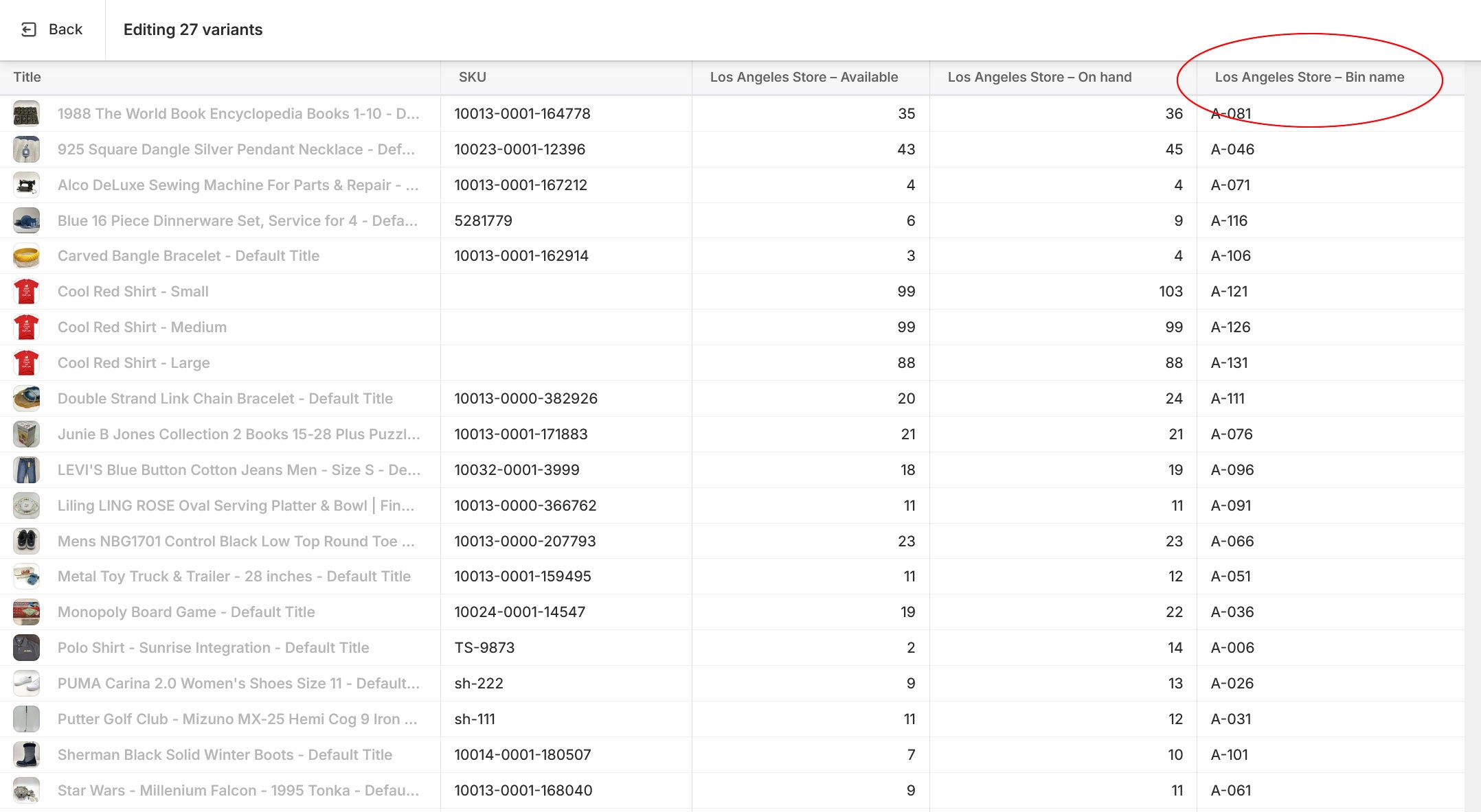 New Shopify Bin Name field in bulk editor