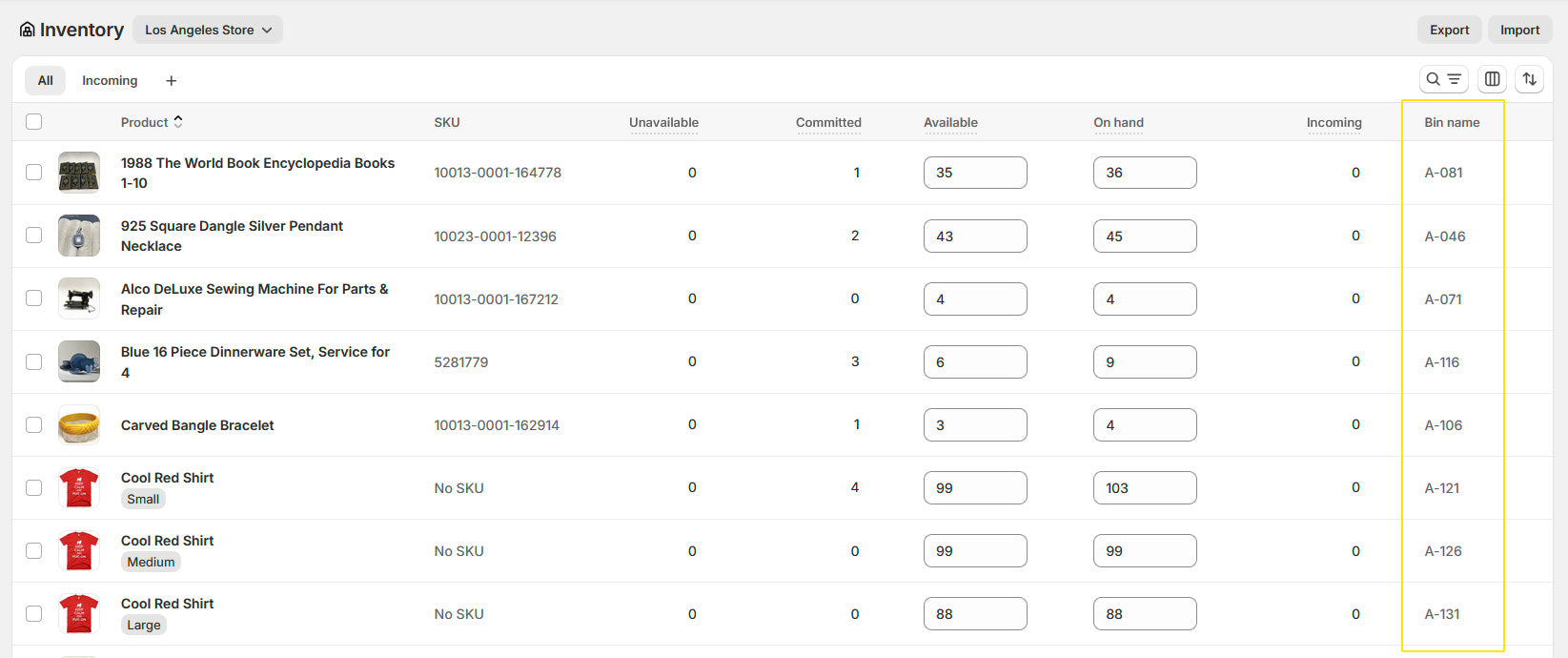 New Bin Name column on Shopify inventory page