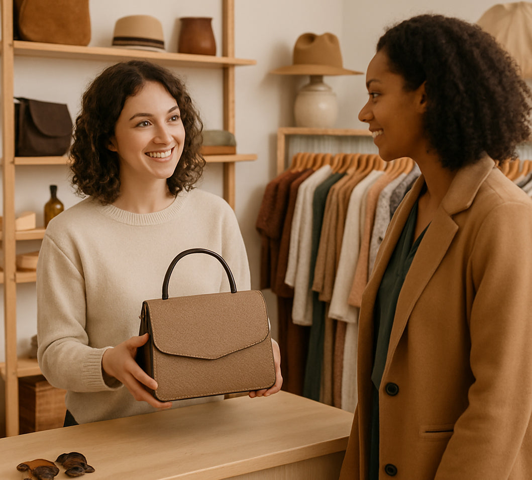 Direct to Customer sales store owner handing purse to customer