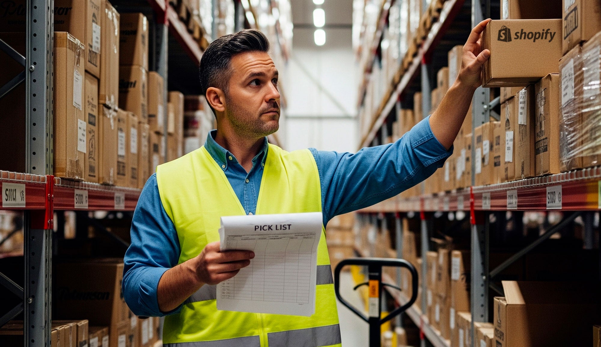 Man in a warehouse holding a box with a Shopify label and a pick list.