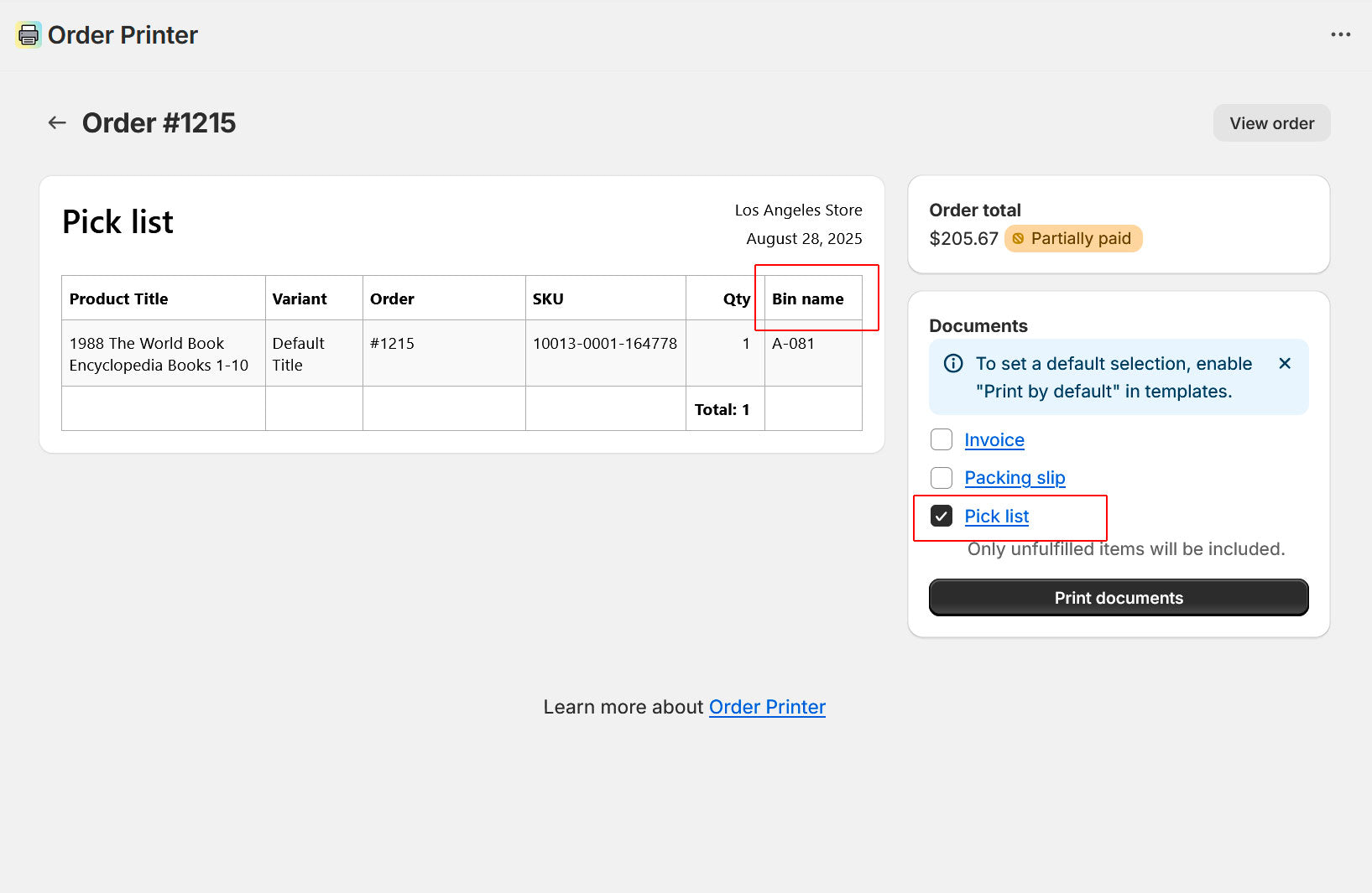 Order printer interface with pick list showing product details and options.