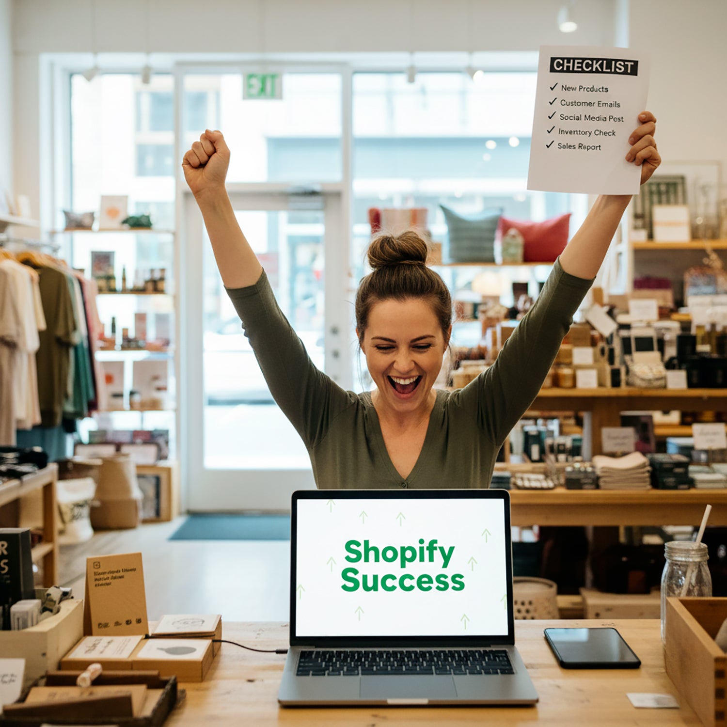 Woman celebrating success with raised arms in a Shopify store, laptop displaying 'Shopify Success'.