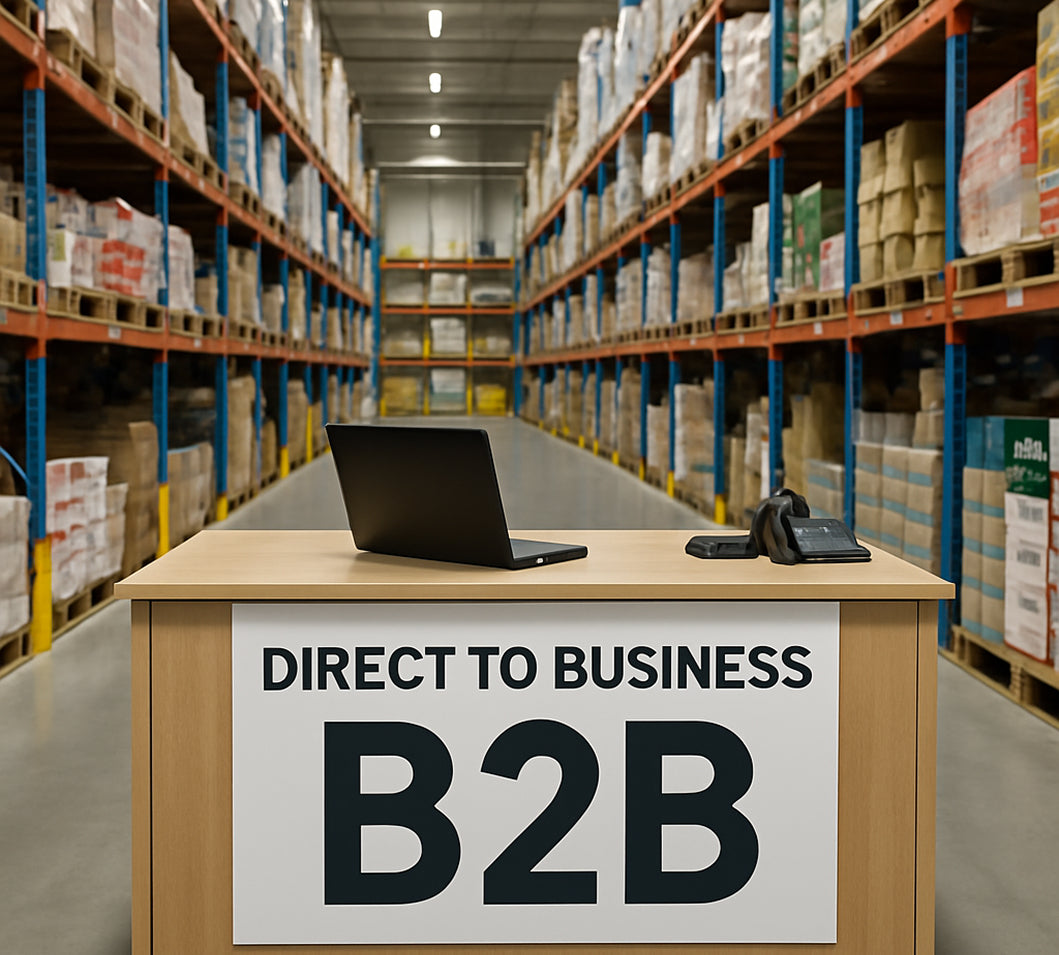 Laptop on a desk with 'Direct to Business B2B' sign in a warehouse setting