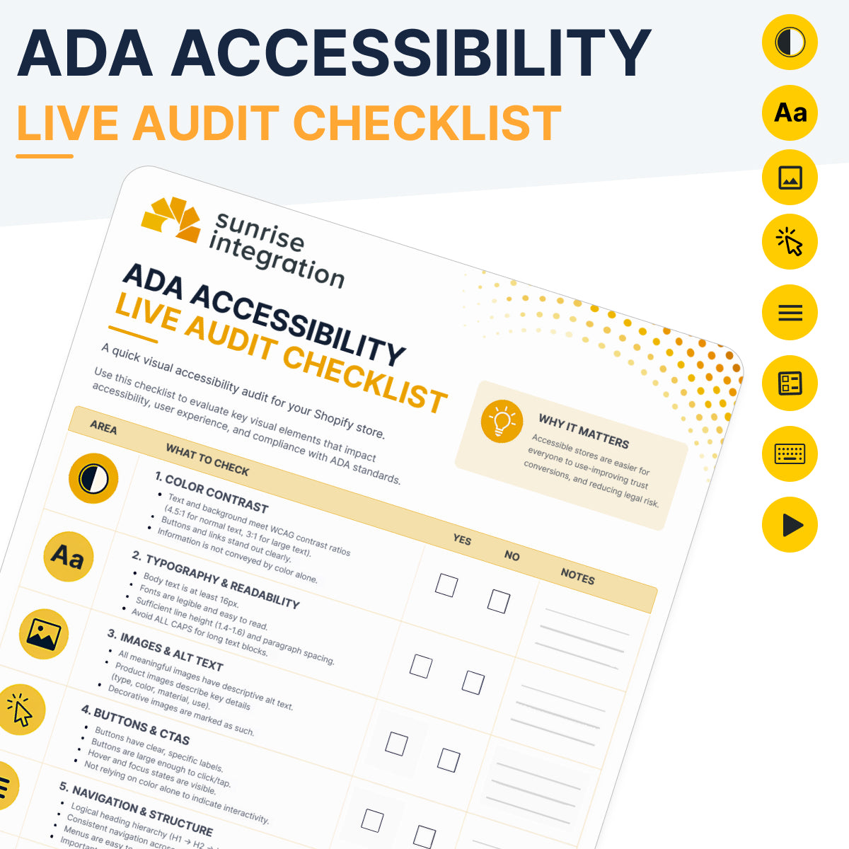 ADA Accessibility Live Audit Checklist from Sunrise Integration with checkboxes and icons.
