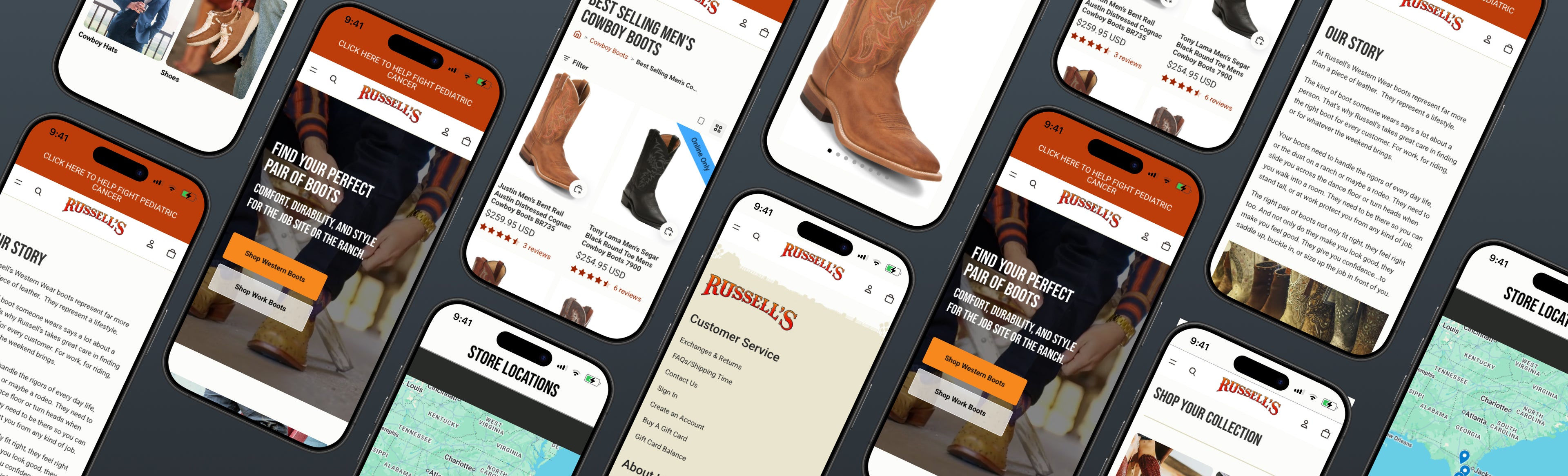 Russell's mobile first design showcasing full site and customer purchase flow