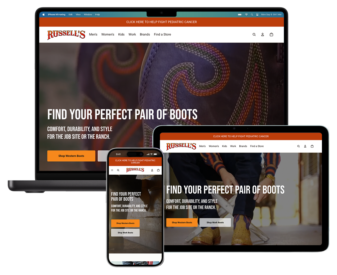 Russell's responsive website displayed on laptop, tablet, and smartphone screens.