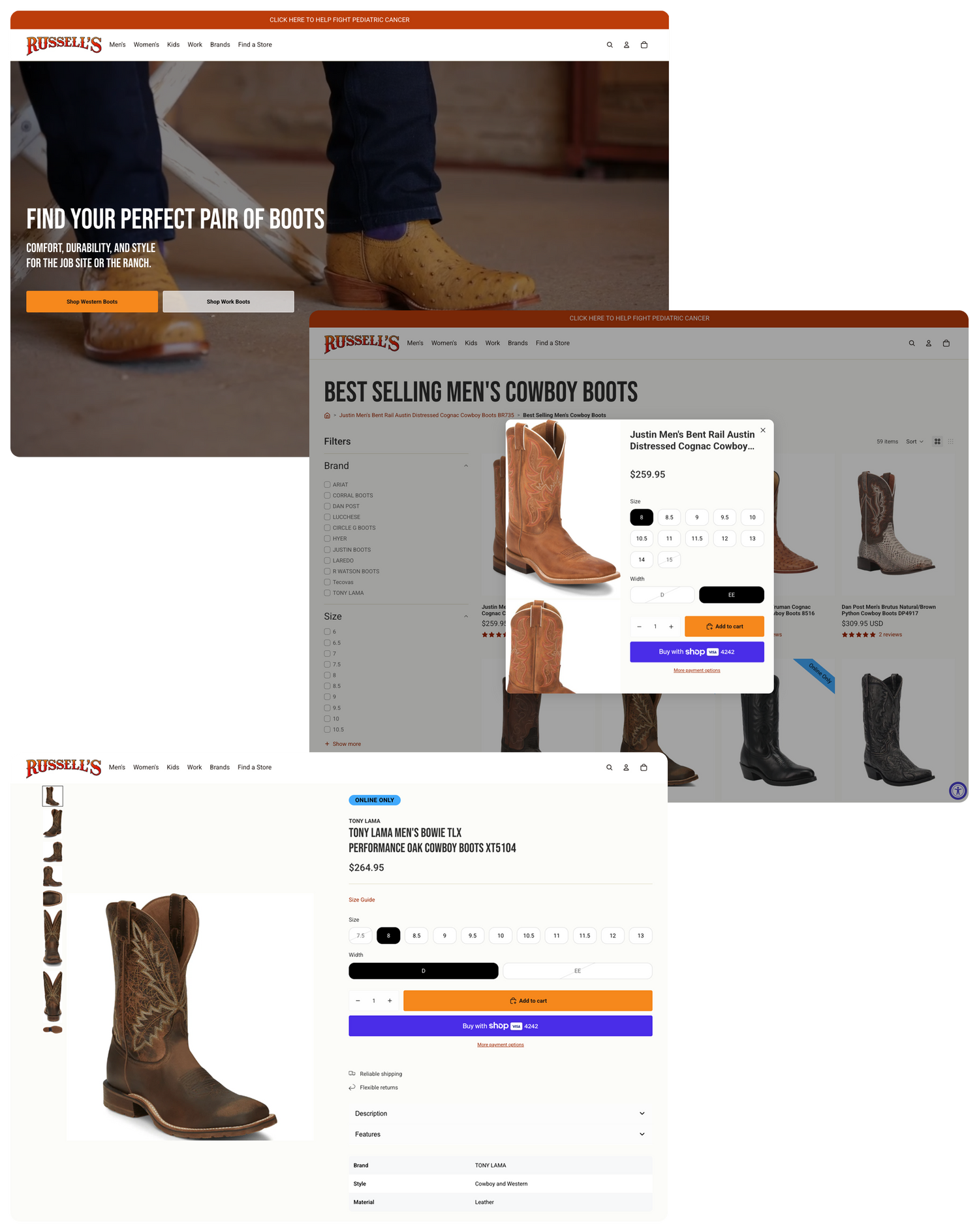 Russell's website optimized conversion flow featuring cowboy boots with a focus on product selection and styling.