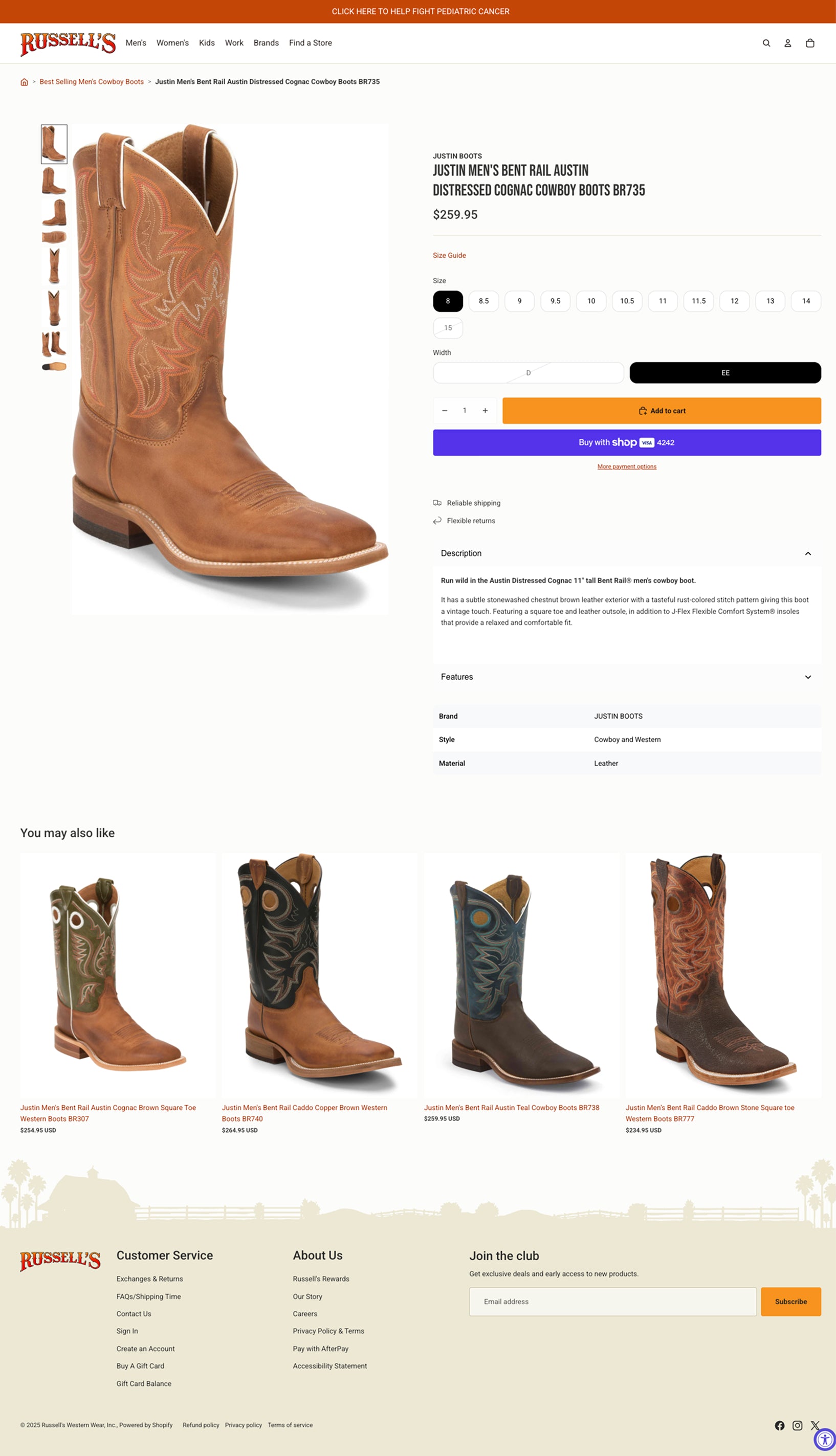 Justin's mens brown boot product details page with custom elements for boot details
