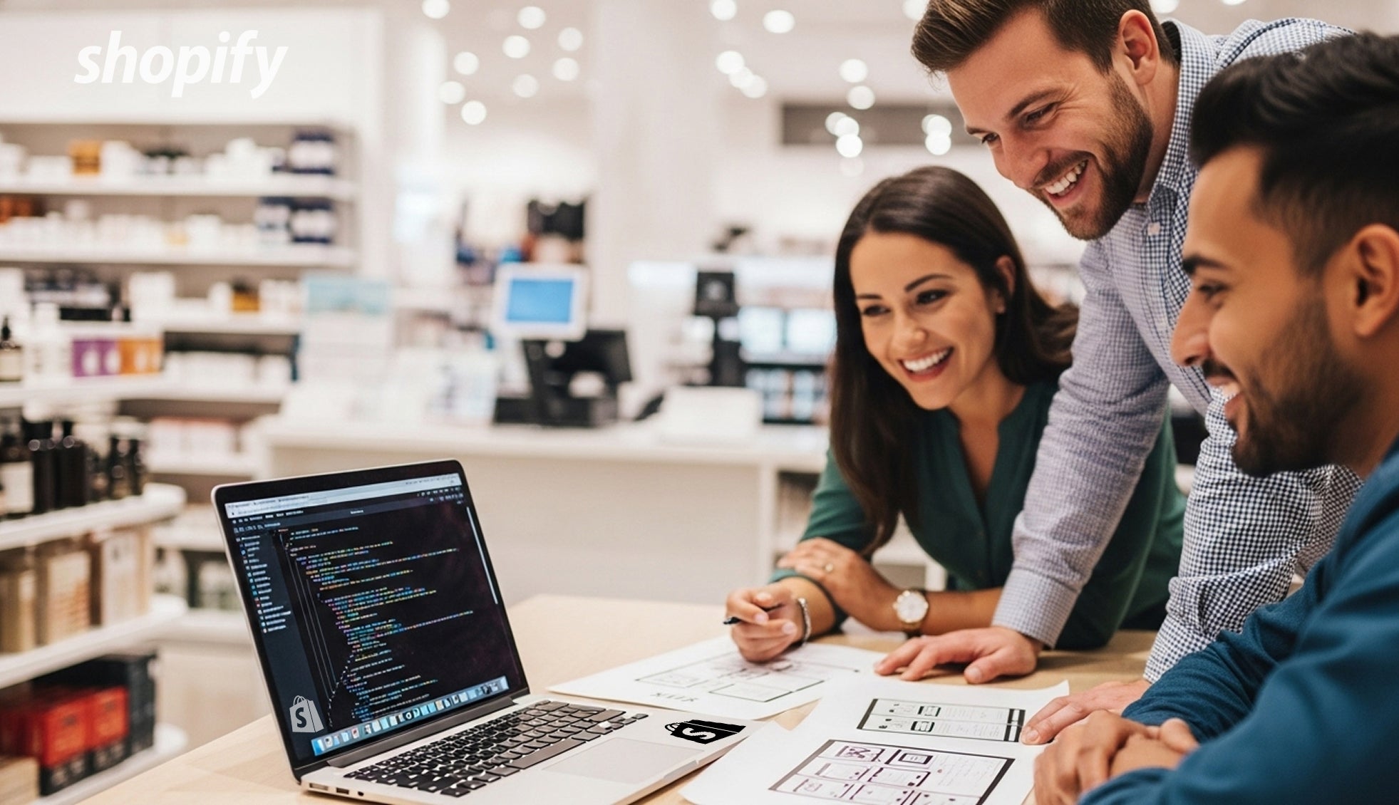 Three people working together on a laptop developing a Shopify app in a store.