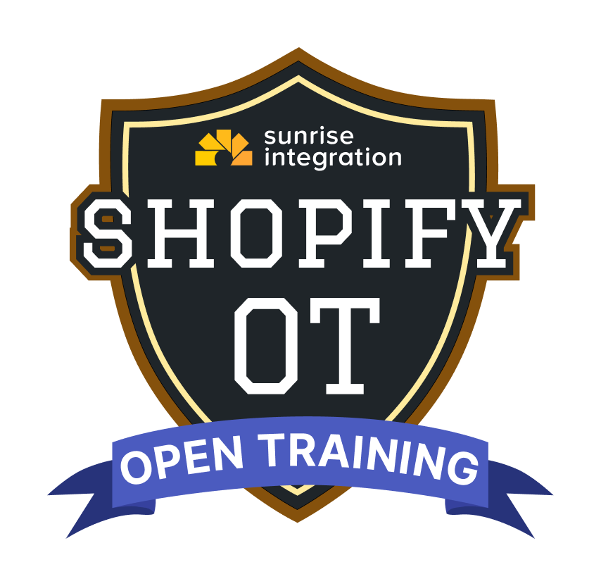 Logo for Shopify OT Open Training with 'sunrise integration' branding on a shield-shaped badge.