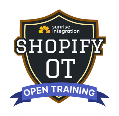 Logo for Shopify OT Open Training with 'sunrise integration' branding on a shield-shaped badge.