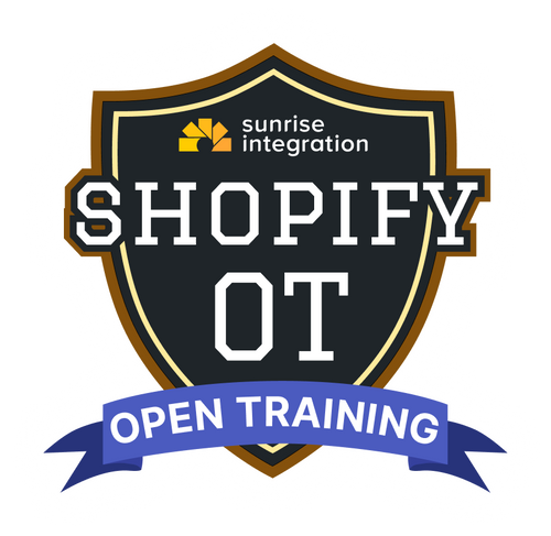 Logo for Shopify OT Open Training with 'sunrise integration' branding on a shield-shaped badge.