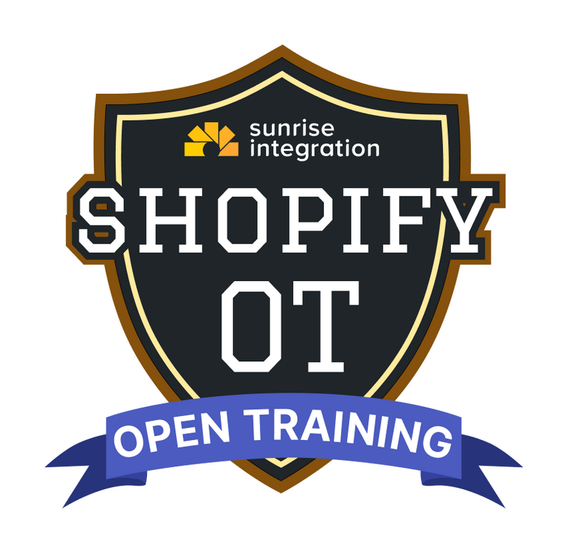 Logo for Shopify OT Open Training with 'sunrise integration' branding on a shield-shaped badge.