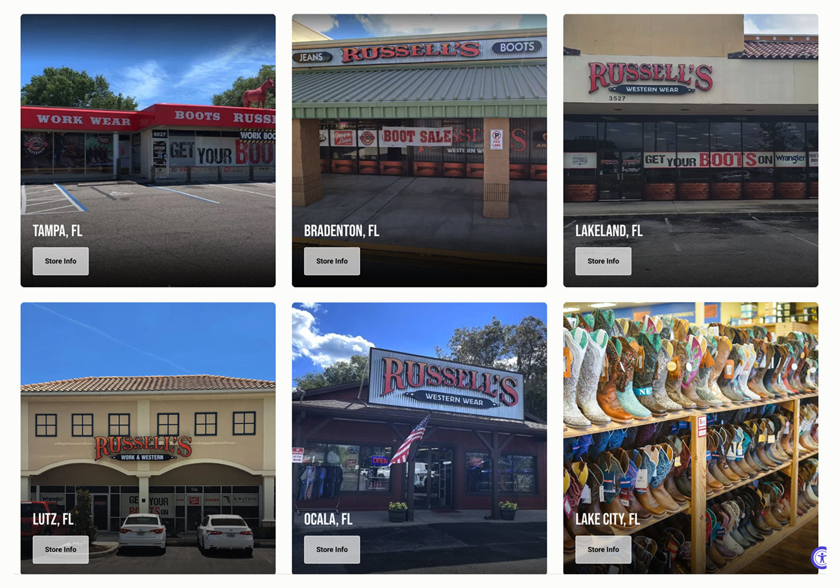 Collage of Russell's Western Wear store locations and cowboy boots display.