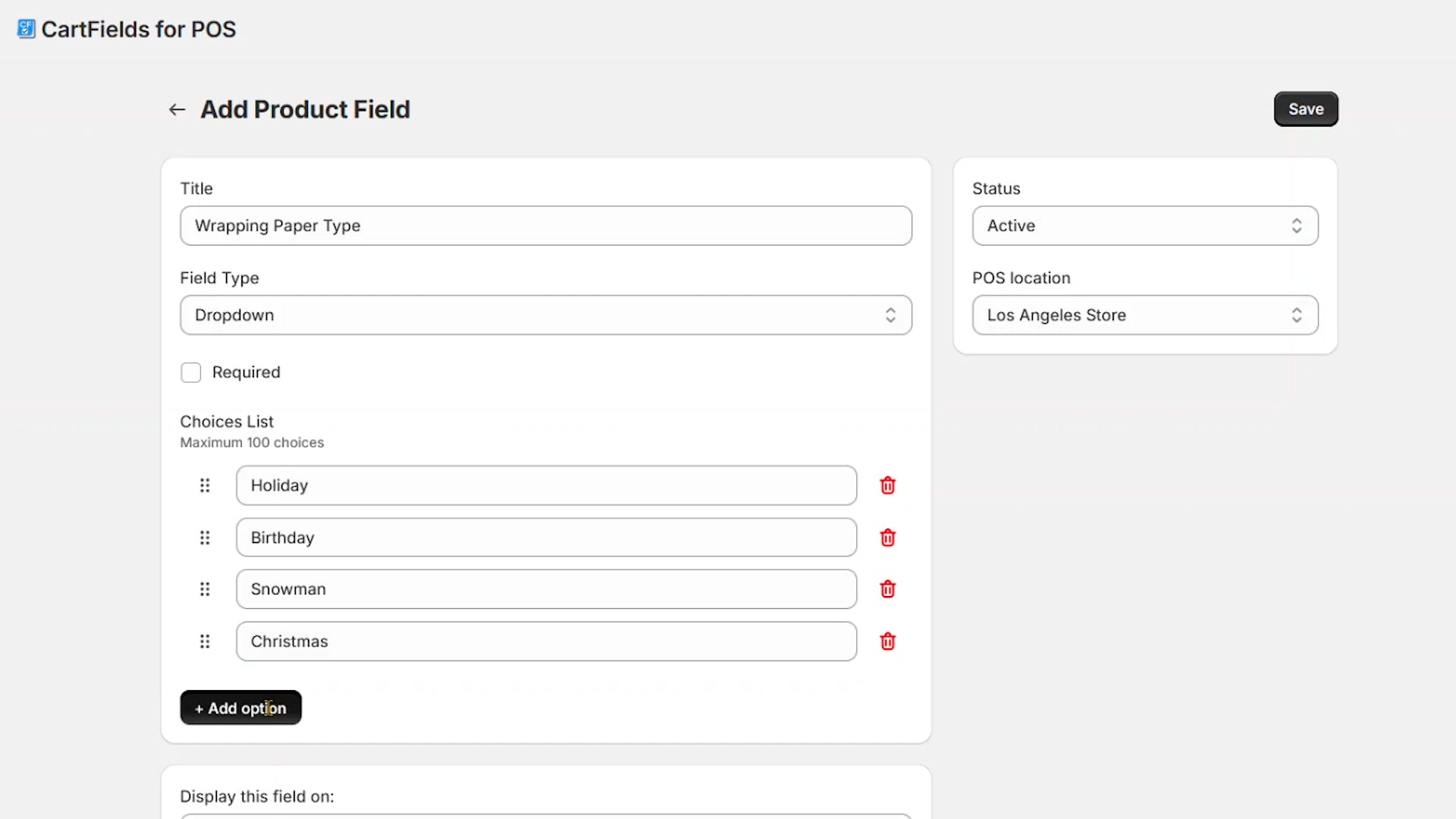 CartFields Shopify app adding custom product fields to POS