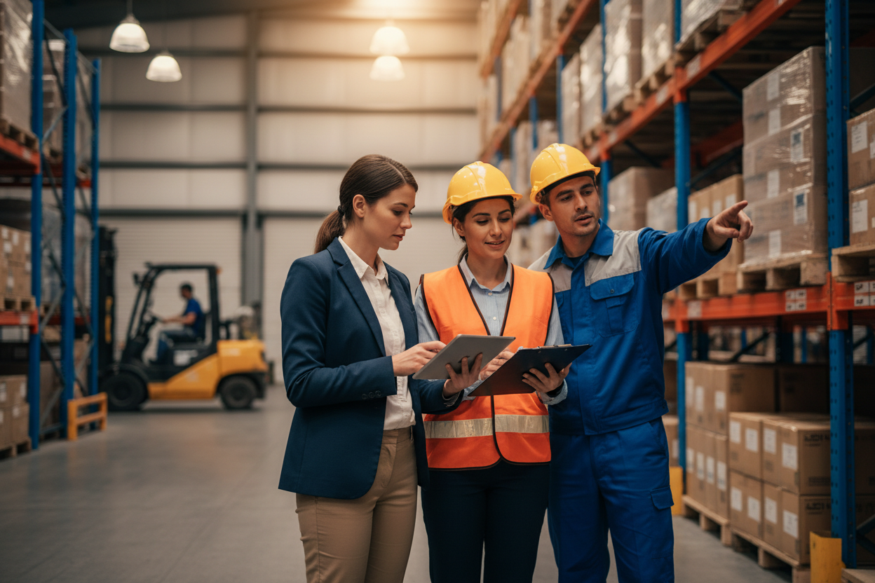 Three workers in a warehouse, two using tablets and one pointing, with forklift and shelves in the background.