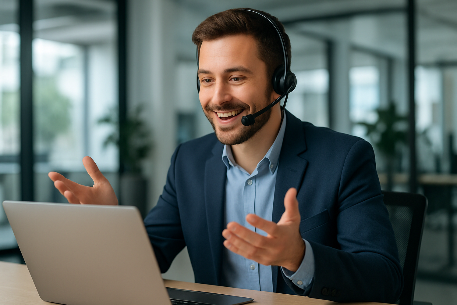 image of customer support agent with a headset chatting with a customer and on a laptop providing service