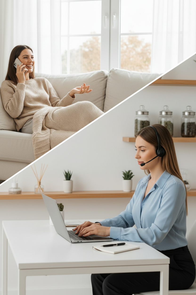 A split-screen lifestyle image showing two women in a bright, modern home office/living room setting. The top half shows a woman lounging on a beige sofa talking on a phone, while the bottom half shows another woman working at a white desk with a laptop and headset.