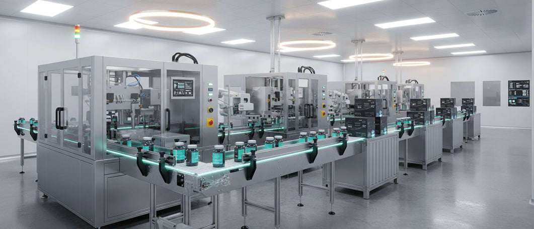 A long row of industrial automation and packaging machines in a clean white factory or warehouse interior, with conveyor belts, control panels, and overhead lighting.
