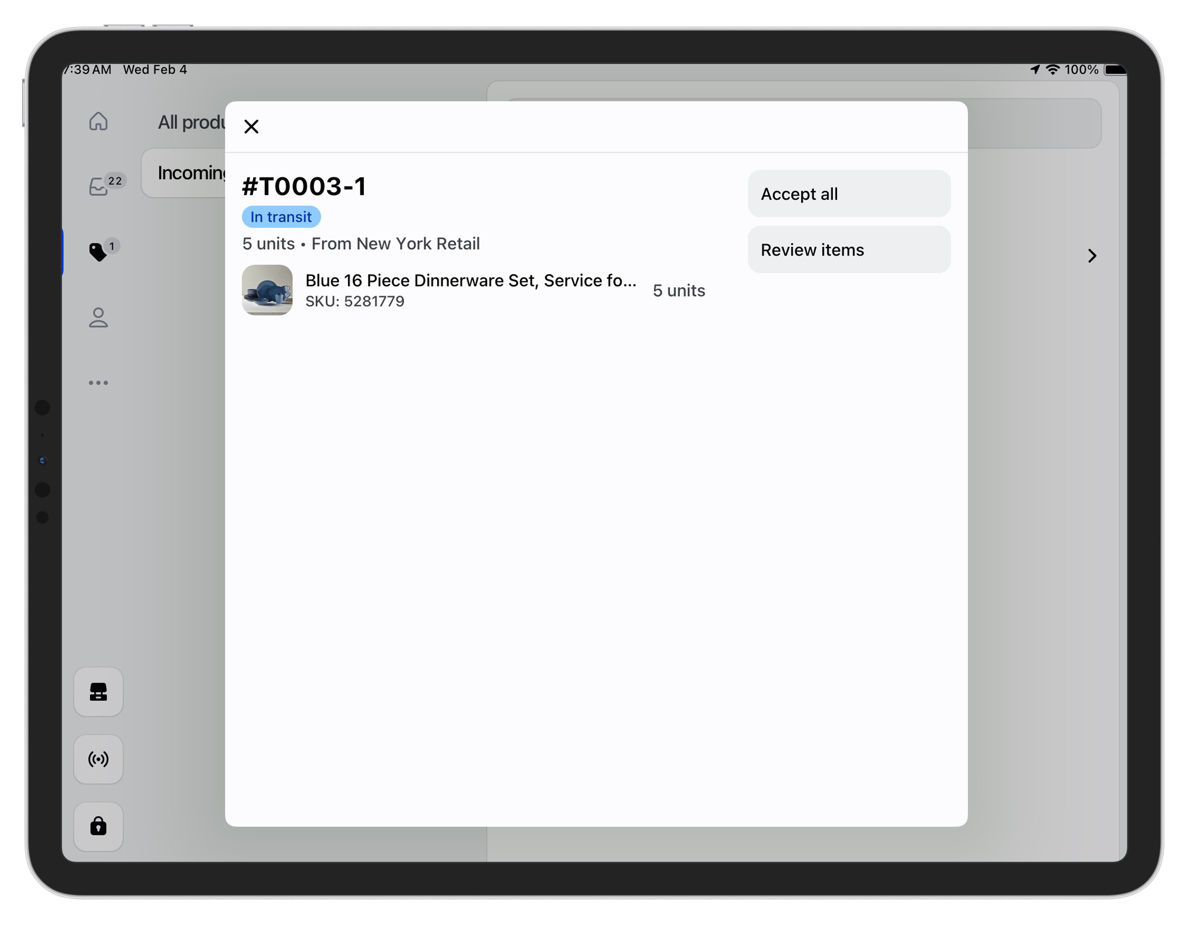 Tablet displaying a inventory management app with a list of items.