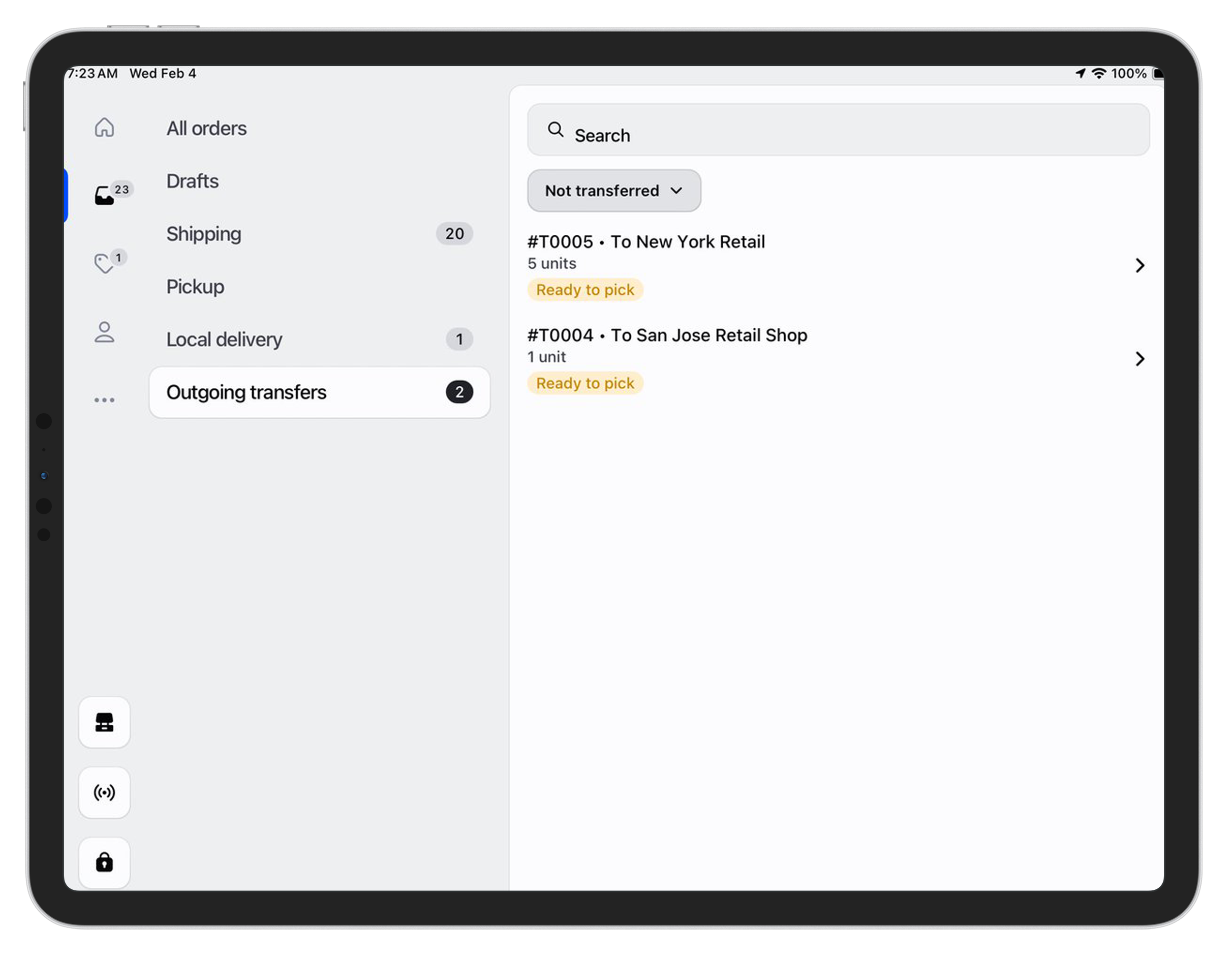 Shopify POS on an ipad with the new outgoing transfer screen