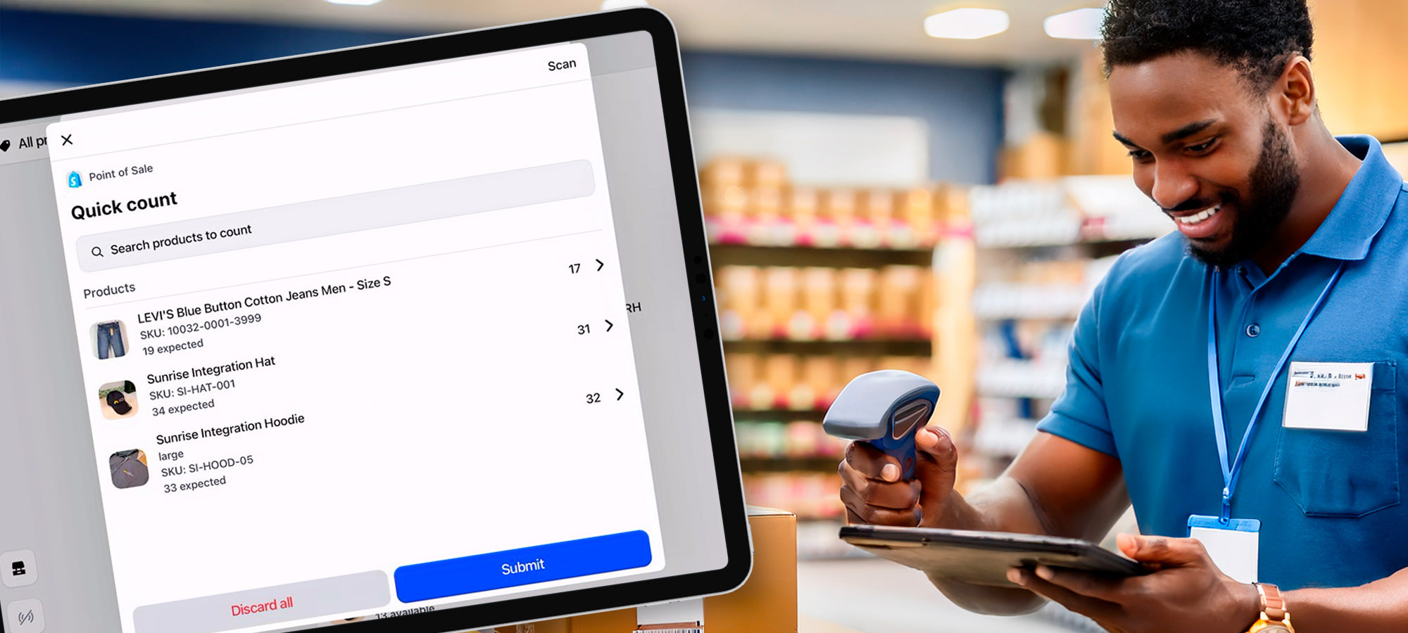 Employee using a Shopify POS in a retail setting with inventory adjustments displayed on screen