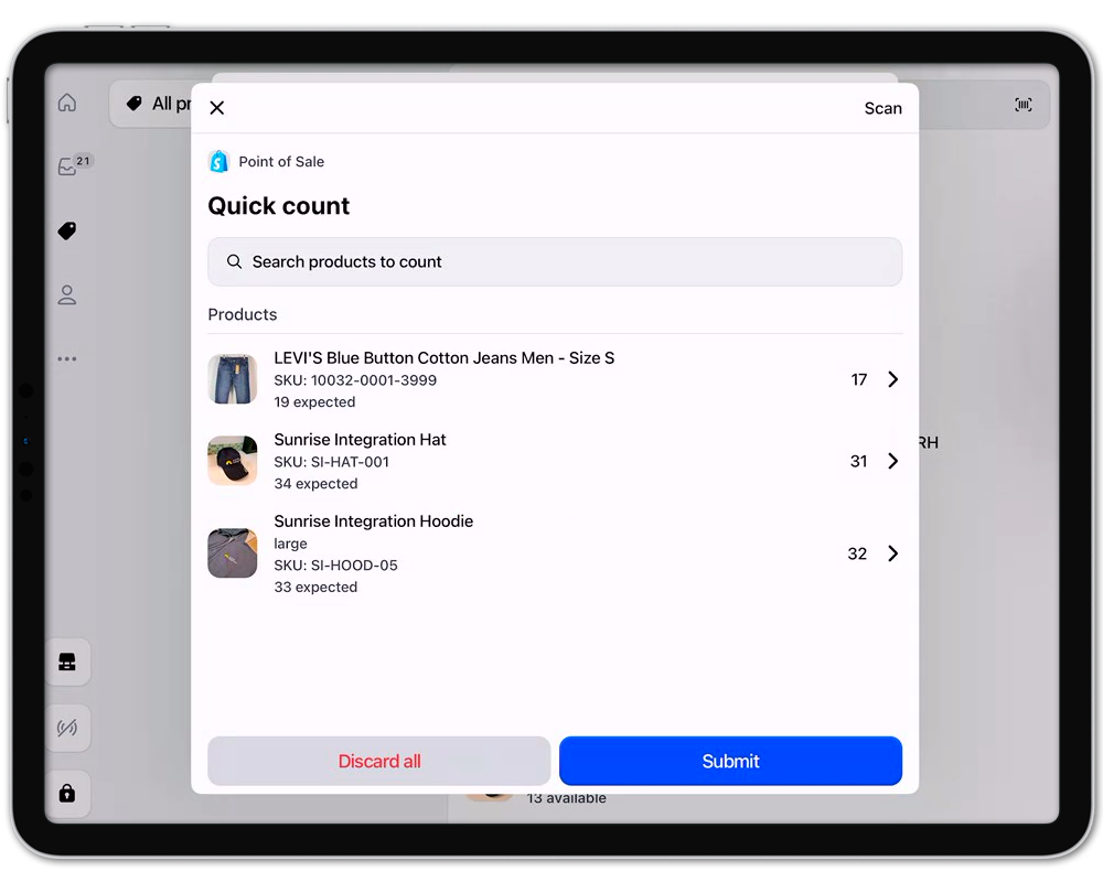 Shopify Point of Sale system on a tablet displaying quick count feature with product listings.