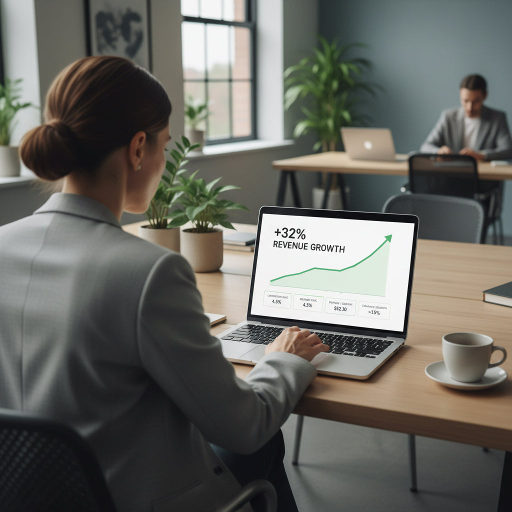 Person working on a laptop with a store revenue growth from SEO and GEO chart in an office setting