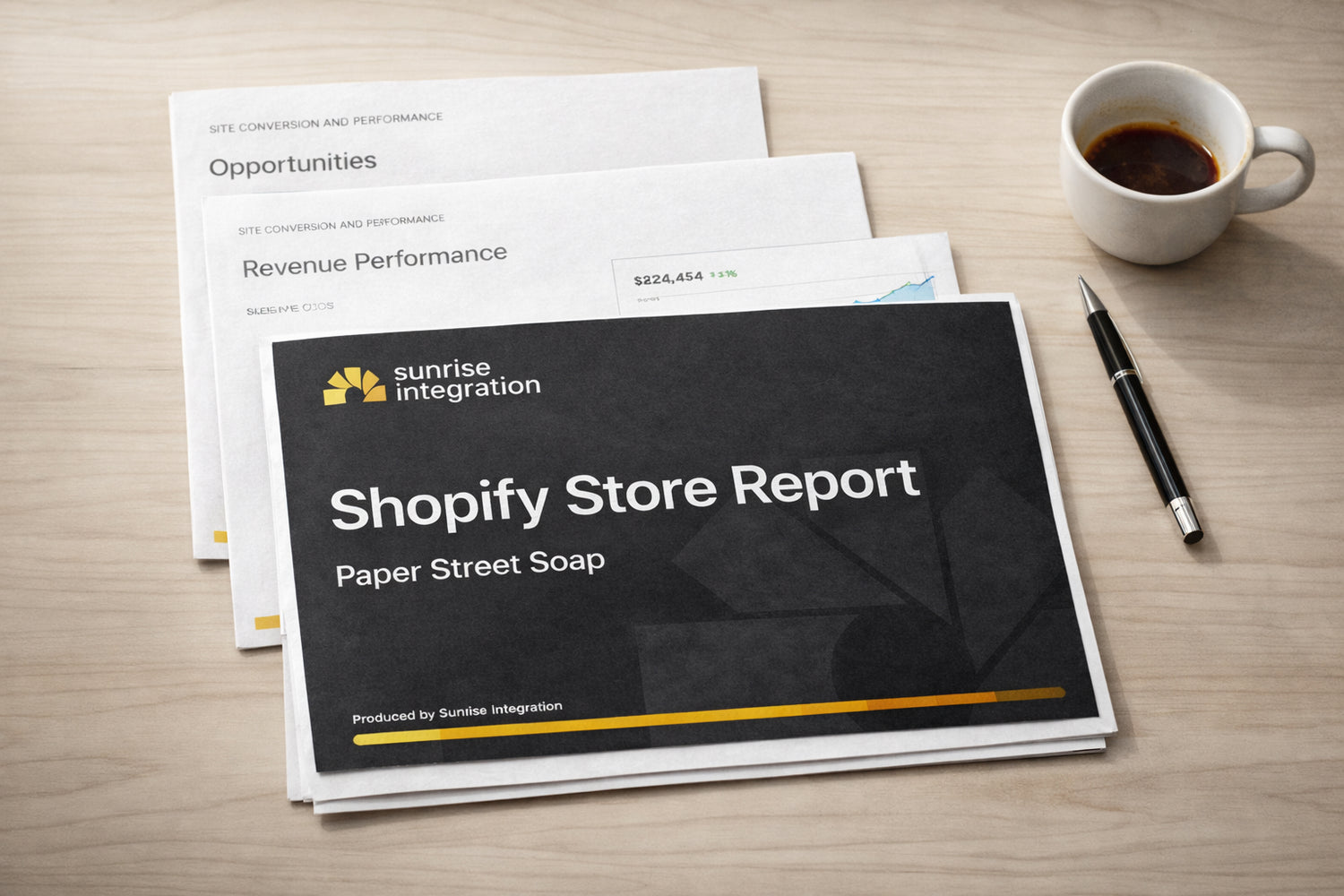 Shopify store report on a desk with a coffee cup and pen