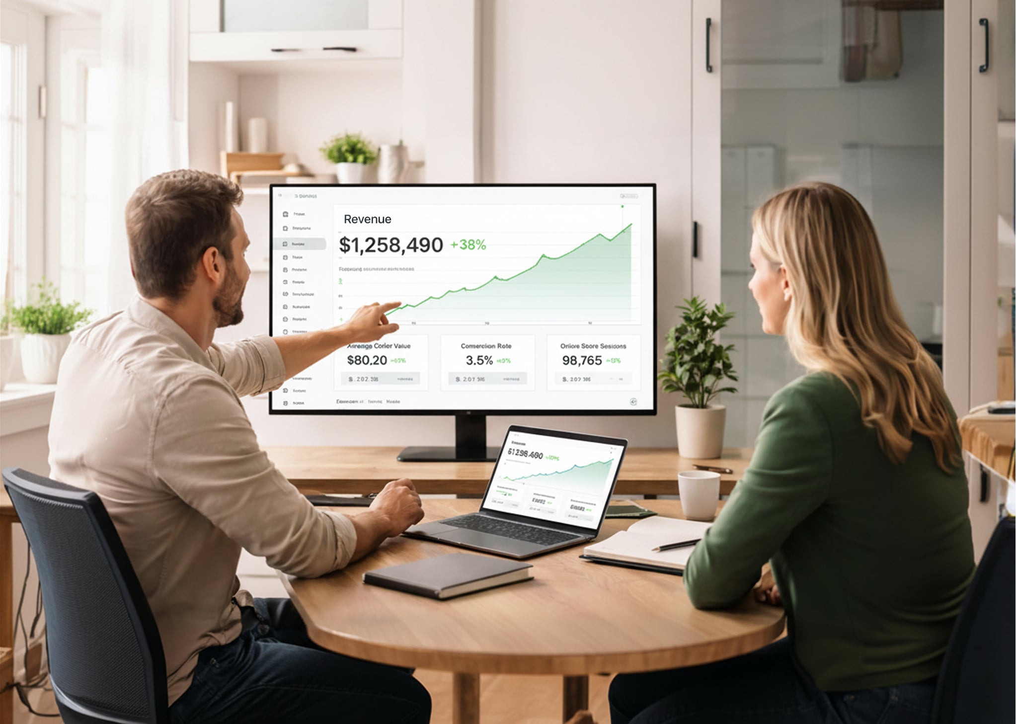 Two people discussing Shopify store revenue data on a large screen in an office setting.