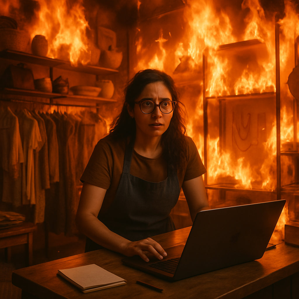 Person using a laptop in a room on fire suffering from old technology before discovering Shopify Plus