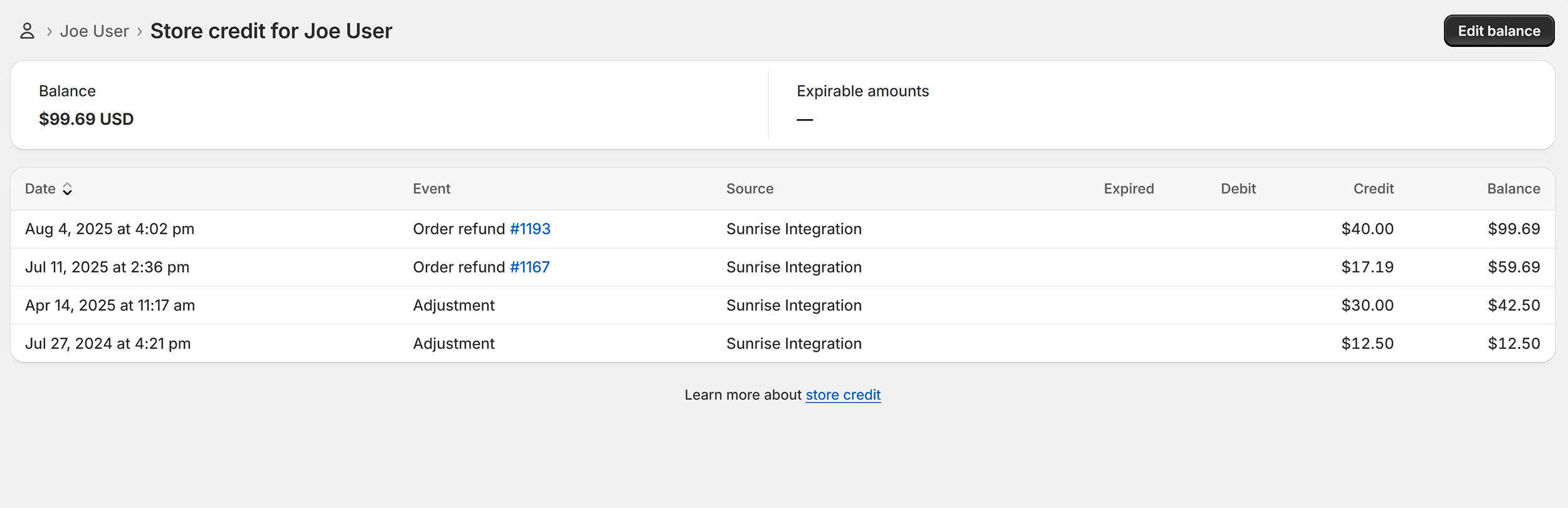 Shopify provides a complete list of credits and debits for any customer account when performing a refund.