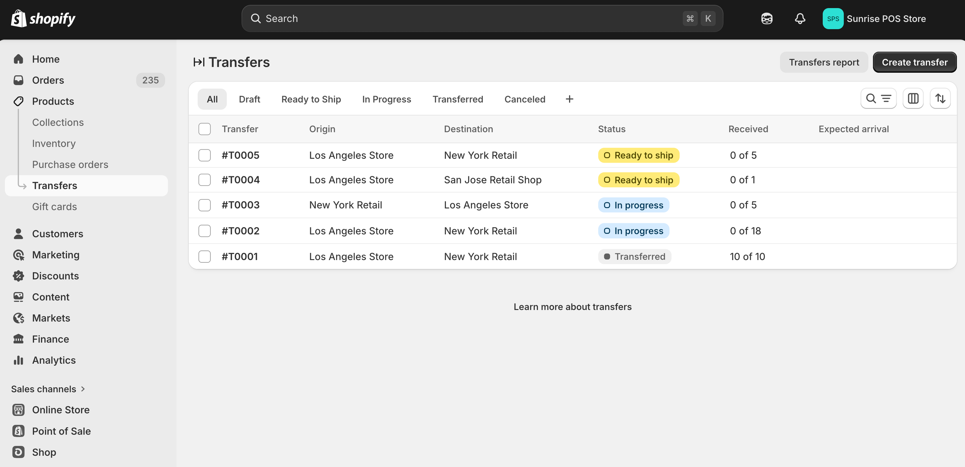 The new Shopify POS transfer workflow screen in the admin