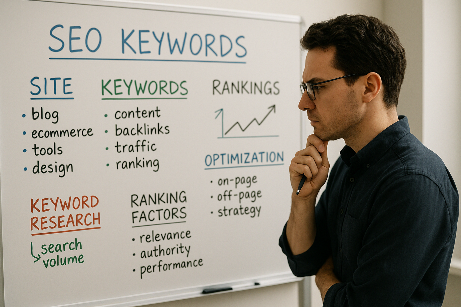 show a person looking at a whiteboard that shows different "site keywords and seo". the person is concentrating on how they optimize the keywords for the website 