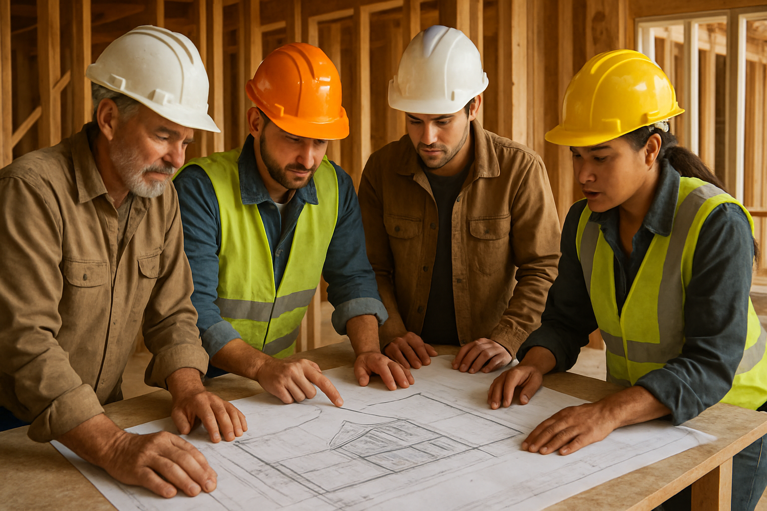 show construction workers looking at blue prints and building a custom house. you see the wood studs in the background. the blueprints are in the center of the room on a table as everyone looks at them