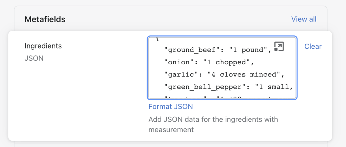 shopify metafields json input field