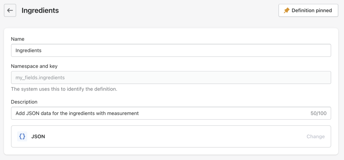 New Shopify Metafields create form for products using the JSON input field type.