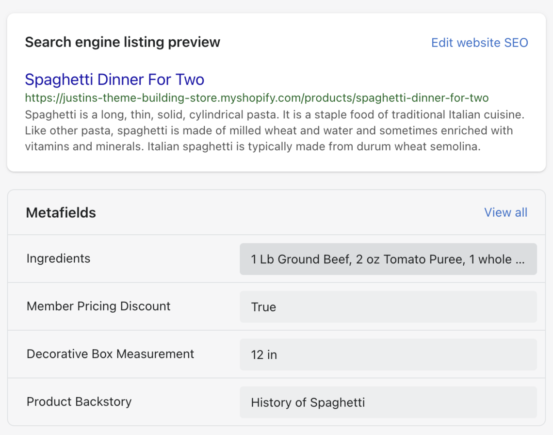 shopify metafields spaghetti ingredients