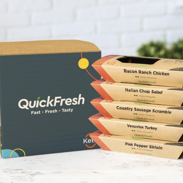 boxed quickfresh product on marble table in kitchen