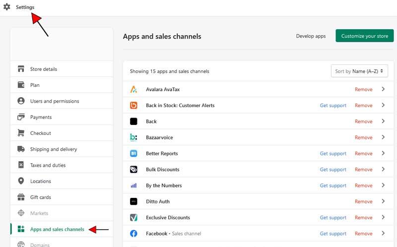 Shopify moved the Apps list and custom apps to the Settings page