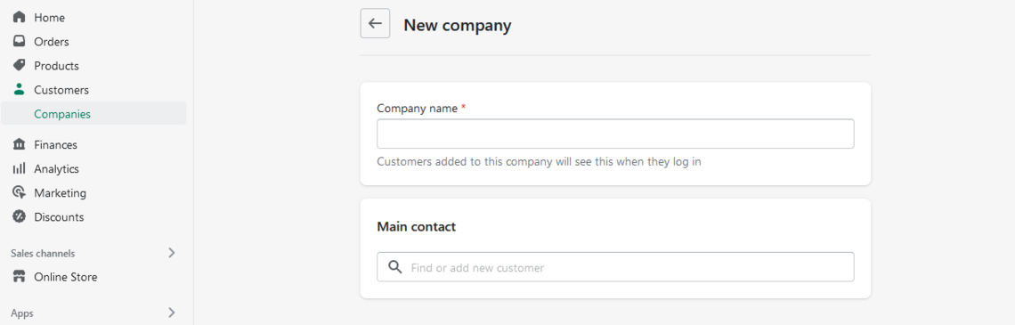 A company in Shopify represents a business that you want to sell with as a B2B client