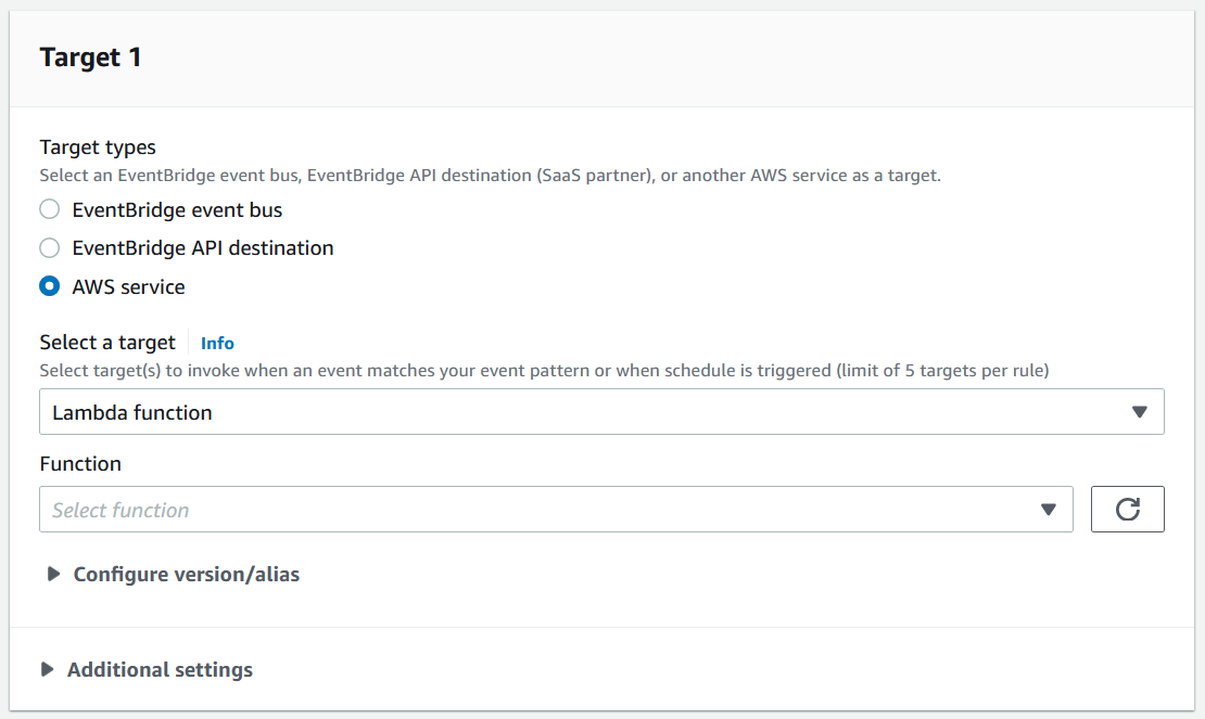 Select an EventBridge event bus, EventBridge API destination (SaaS partner), or another AWS service as a target.