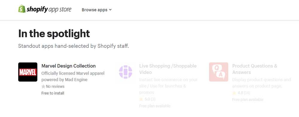 The Marvel Design Collection app is a spotlight feature on Shopify App Store