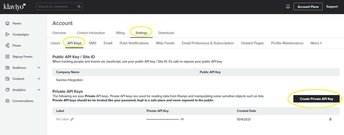 Getting the api key for the Klaviyo API