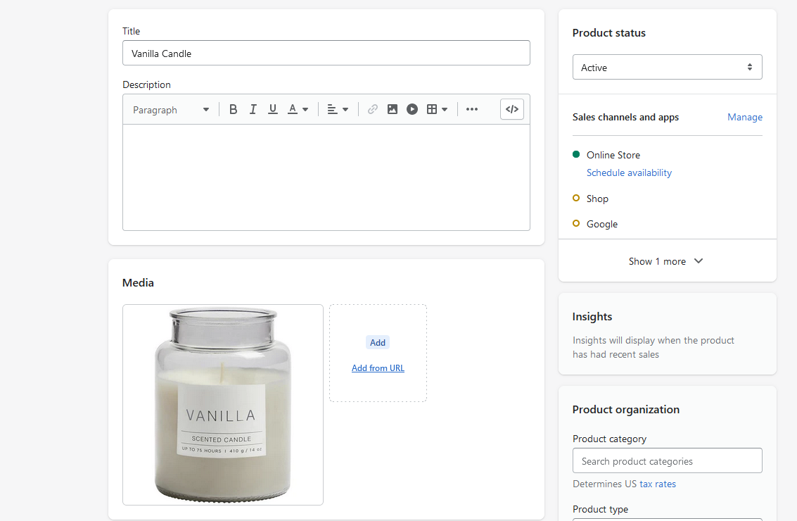 Create a blank new product in Shopify