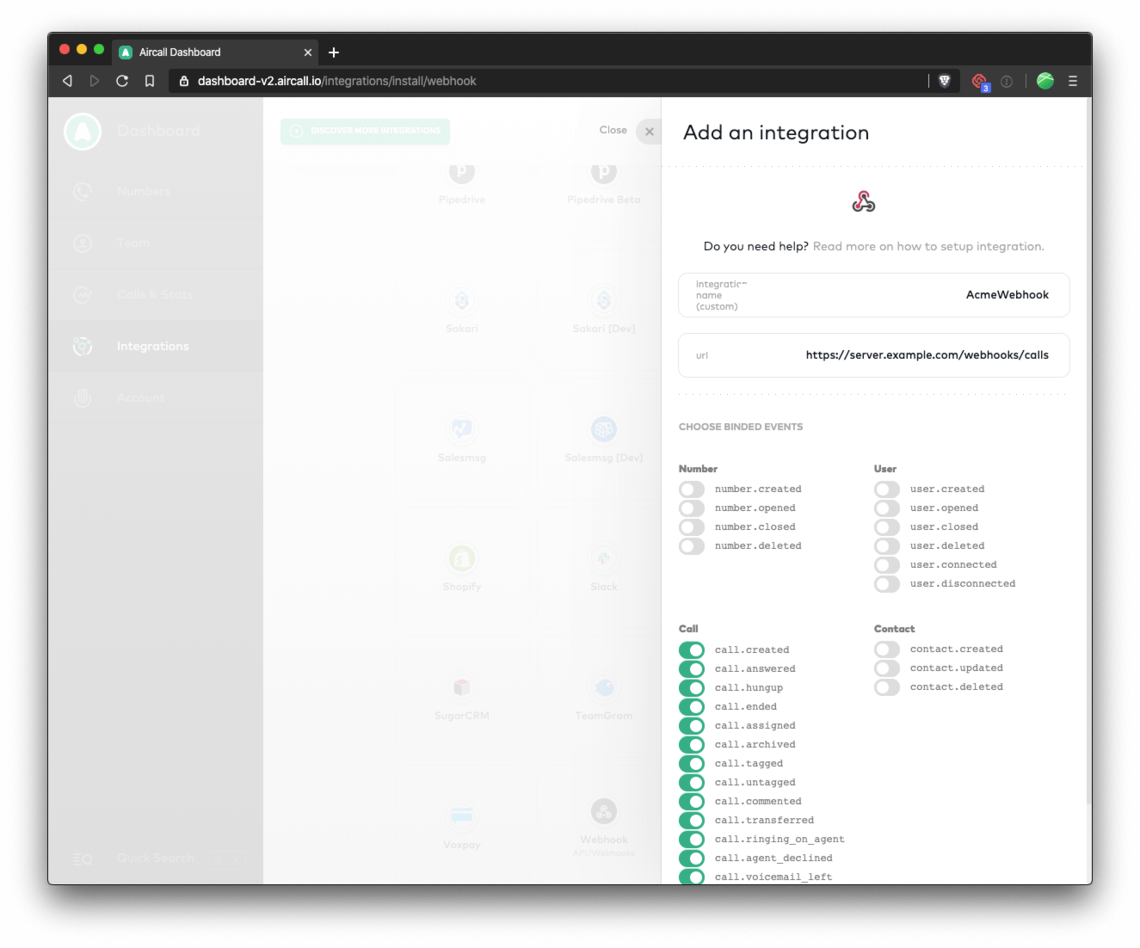 Use the Aircall Integration page to setup webhooks