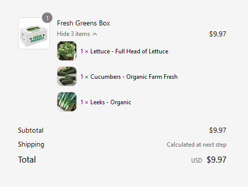 The checkout page shows the individual items