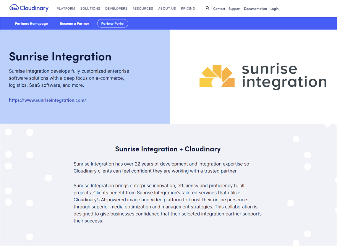 Sunrise Integration is a development and API integration partner for Cloudinary.