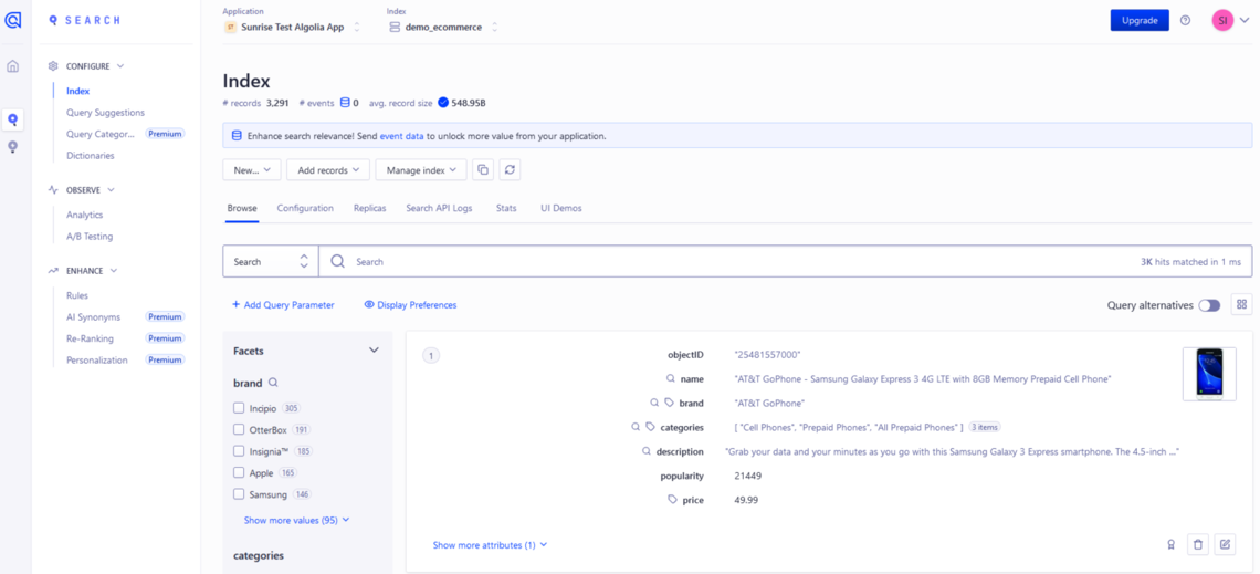 The Algolia backend configuration pages